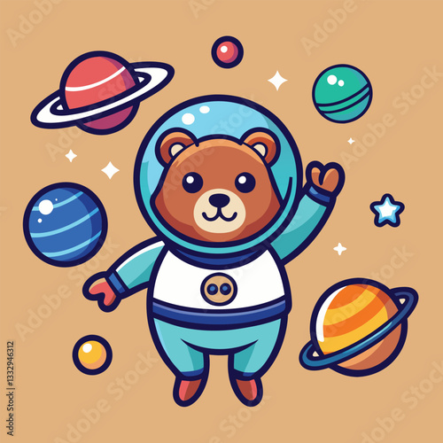 Illustration of handrawn icon cute cartoon of a bear wearing astronaut clothes
