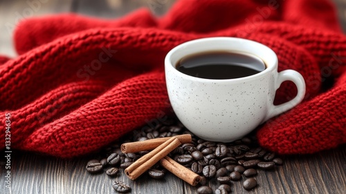 A cinnamon-dusted cup of coffee, steaming on a dark surface, with flames and embers glowing around it