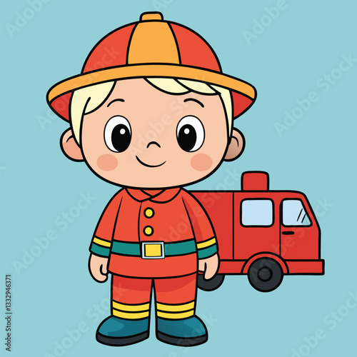 Illustration of a cute handrawn icon of a child wearing a firefighter uniform