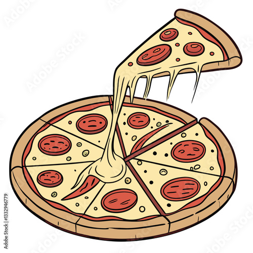 Illustration of a handrawn slice of pizza with melted mozzarella