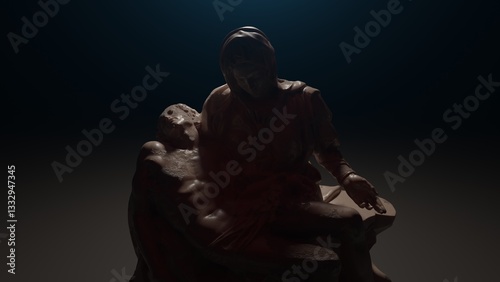 A modern reinterpretation of Michelangelo Pieta, blending 3D graphics and neon lighting. The Virgin Mary cradles Jesus, her halo glowing with vibrant neon hues, symbolizing holiness amidst sorrow