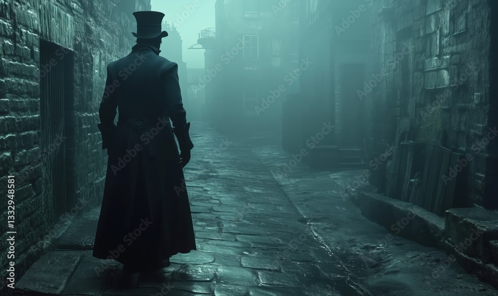 Naklejka premium Mysterious figure in Victorian attire walking through foggy cobblestone alleyway