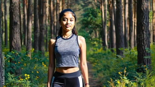 Woman exploring a forest with a backpack and exercise clothes, she walks and looks towards the camera. hiker, trees, escape, healthy lifestyle, tourist, peaceful, traveler, footpath, journey, foot