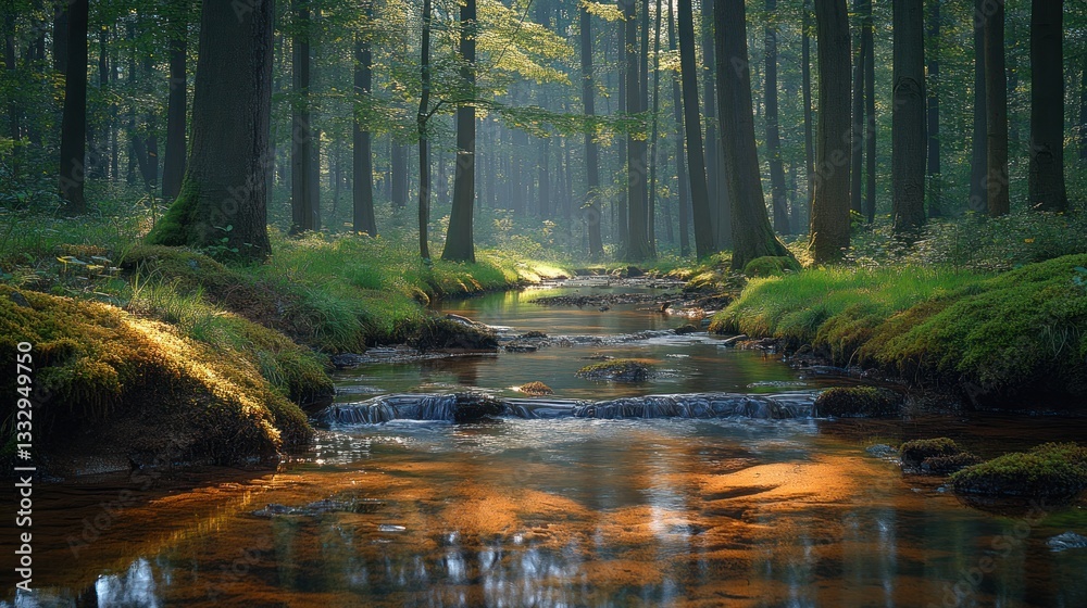 Fototapeta premium Sunlit Forest Creek Pathway; Tranquil woodland stream. Possible Use Nature wallpaper, stock photo