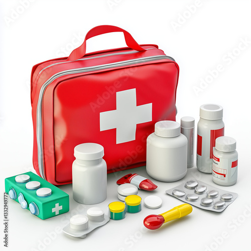 Concept of first aid kit, first aid kit supplies on a white background