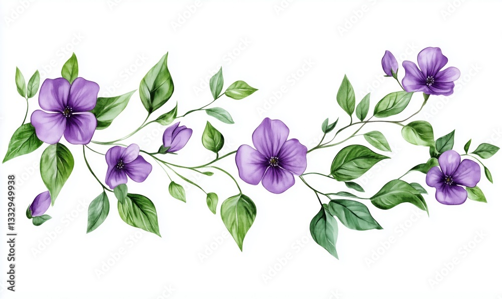 Fototapeta premium Purple floral watercolor illustration with leaves and blossoms for design projects