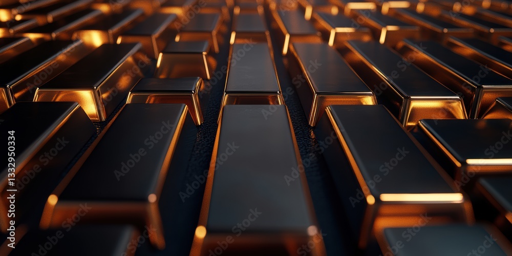 Obraz premium Rows of Sparkling Gold Bars Glimmering Under Soft Light Create a Mesmerizing Visual Display of Luxury and Wealth Generative AI