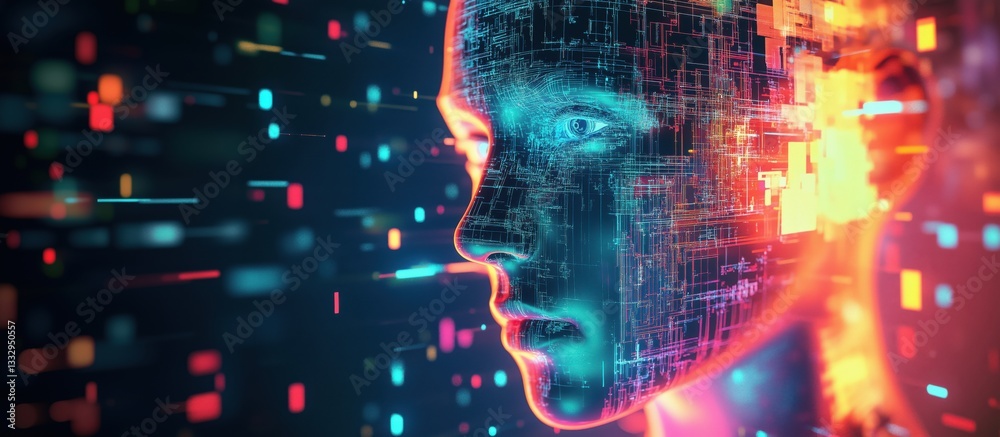 Futuristic digital human face with glowing data patterns and vibrant colors Futuristic digital human face with glowing data patterns and vibrant colors