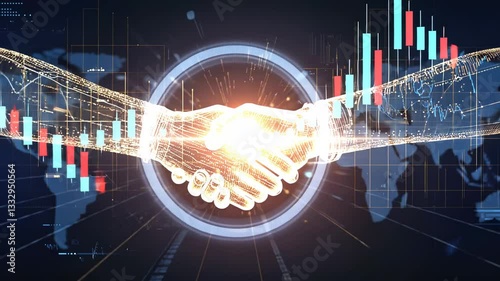 Futuristic animation of two digital hands shaking, glowing with neon lines. As they connect, stock market candlestick charts appear, symbolizing finance, trading, and global business