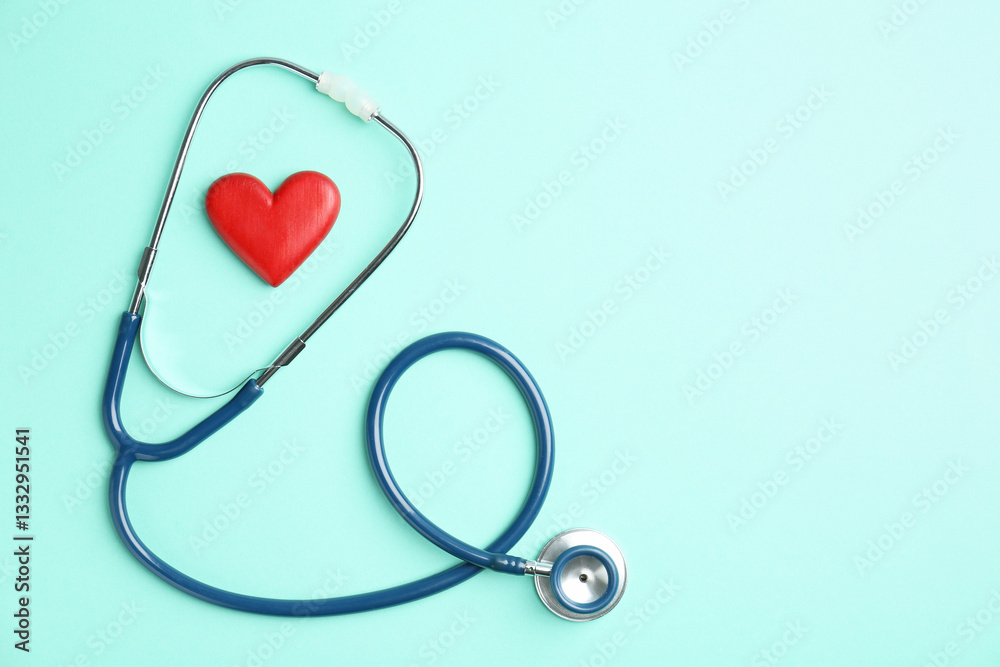 Cardiology. Stethoscope and red decorative heart on turquoise background, flat lay. Space for text Cardiology. Stethoscope and red decorative heart on turquoise background, flat lay. Space for text