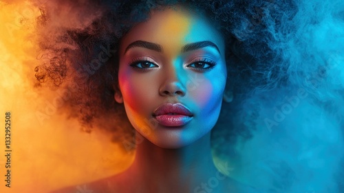 Woman's face with colorful smoke, contrasting warm and cool tones background