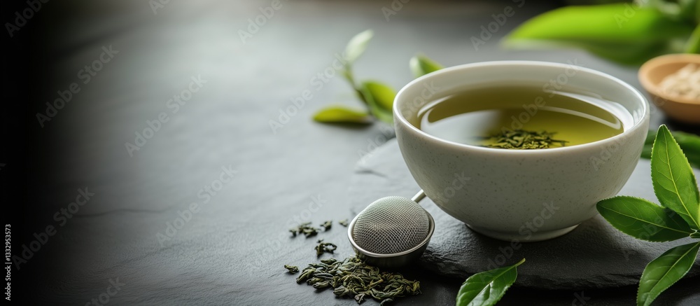 Green tea in a white bowl with fresh leaves and tea strainer on a dark stone surface