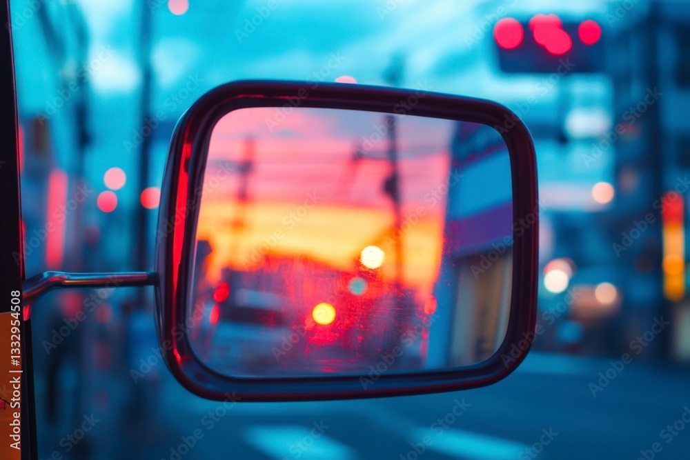 Blurred Cityscape Reflected in Car Side View Mirror at Sunset Blurred Cityscape Reflected in Car Side View Mirror at Sunset