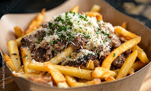 Delicious plate of loaded fries topped with beef, cheese, and herbs, served in a casual dining setting