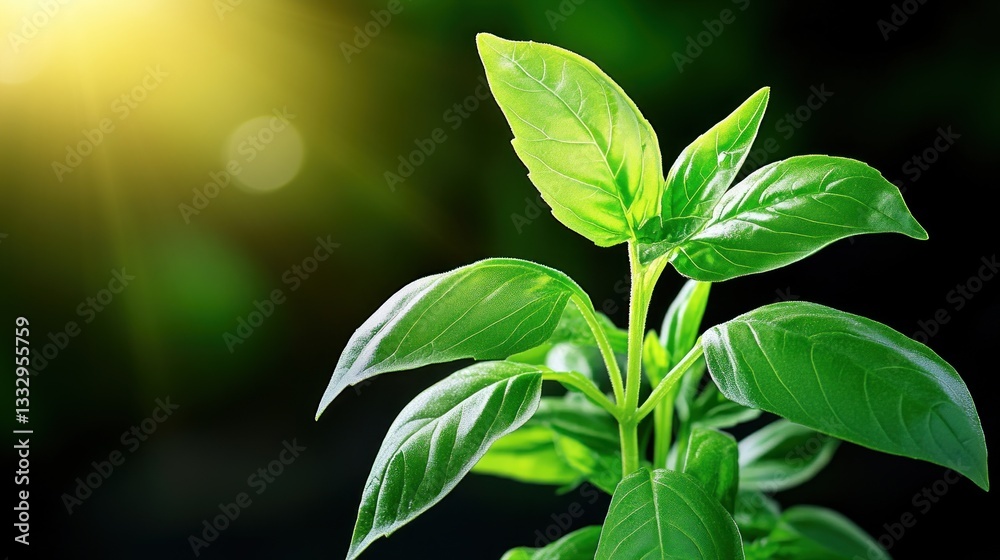 Thai basil leaves are swaying softly with the breeze, illuminated by warm sunlight, creating a serene and fresh atmosphere in nature Thai basil leaves are swaying softly with the breeze, illuminated by warm sunlight, creating a serene and fresh atmosphere in nature