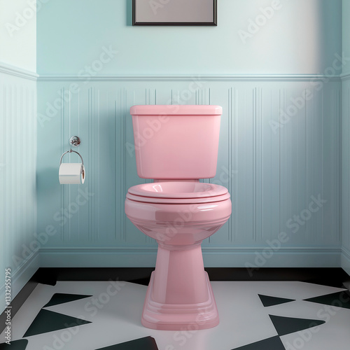 A vintage pink toilet stands in a stylish bathroom with checkerboard flooring. The pastel color, gold details, and retro aesthetic create a nostalgic interior design.