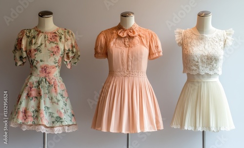 A chic boutique with minimalist design features vintage dress form mannequins showcasing beautiful floral dresses