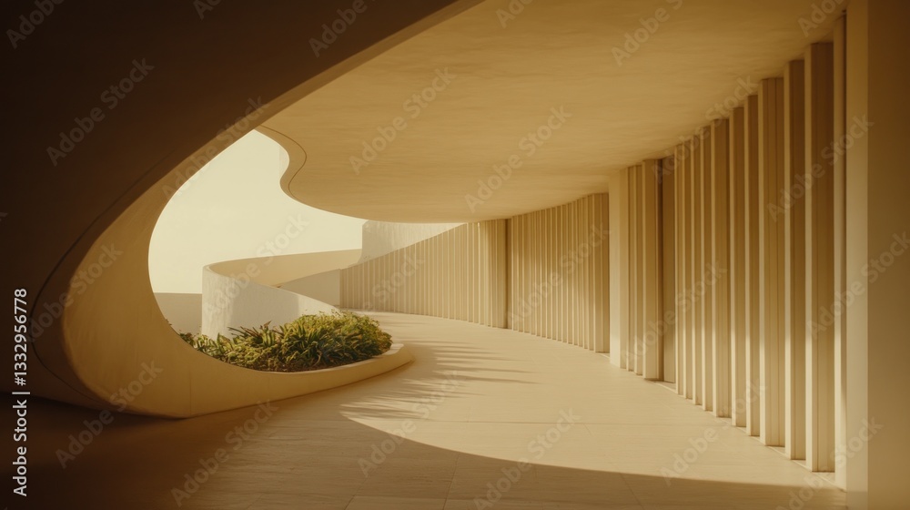 Obraz premium Modern architecture, curved walkway with sunlight and plants.