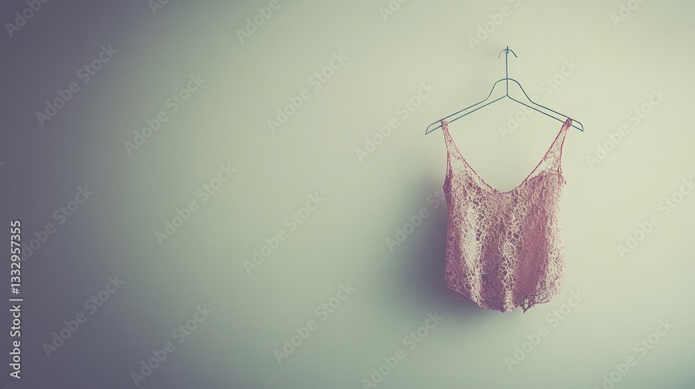 Pink lace camisole hanging on a clothes hanger against a white wall. Pink lace camisole hanging on a clothes hanger against a white wall.