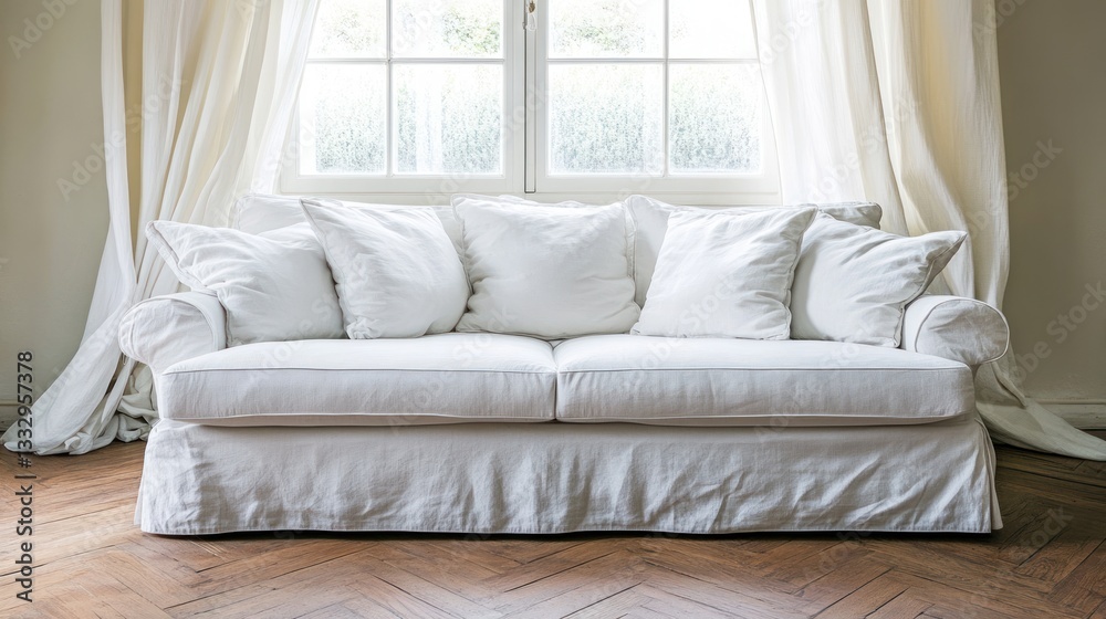 Obraz premium White sofa with pillows in bright living room.