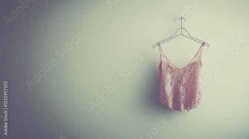 Pink lace camisole hanging on a clothes hanger against a white wall.
