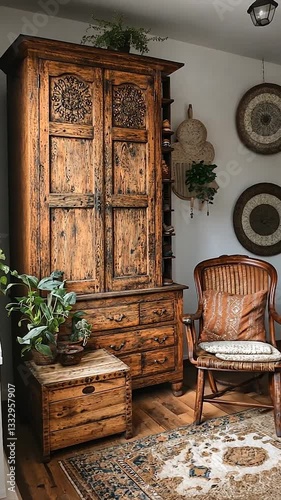 Rustic wooden cabinet and chair in cozy living room with plants