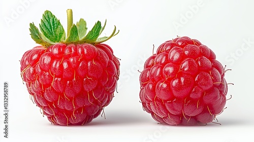 Two Ripe Red Raspberries on White Background