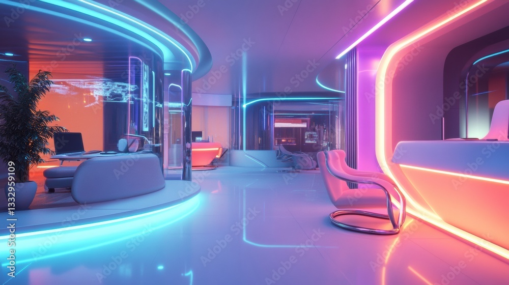 A futuristic office space with curved furniture, neon lighting, and high-tech equipment A futuristic office space with curved furniture, neon lighting, and high-tech equipment