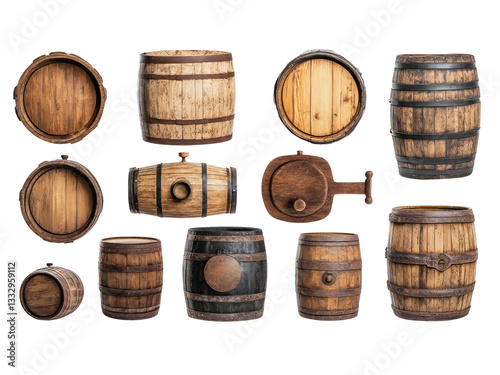 Set of old wooden barrel isolated on transparent background.