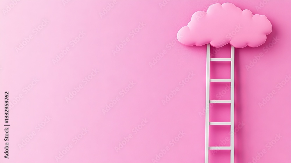 Against a pink background, a whimsical pink ladder climbs into fluffy pink clouds, conjuring a scene that is both dreamy and aspirational Against a pink background, a whimsical pink ladder climbs into fluffy pink clouds, conjuring a scene that is both dreamy and aspirational