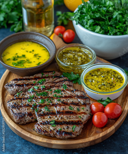 A plate of grilled steaks served with sauces and garnished with herbs and cherry tomatoes. photo