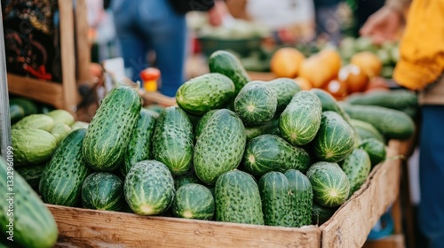 Fresh green cucumbers in wooden crate at farmers market.