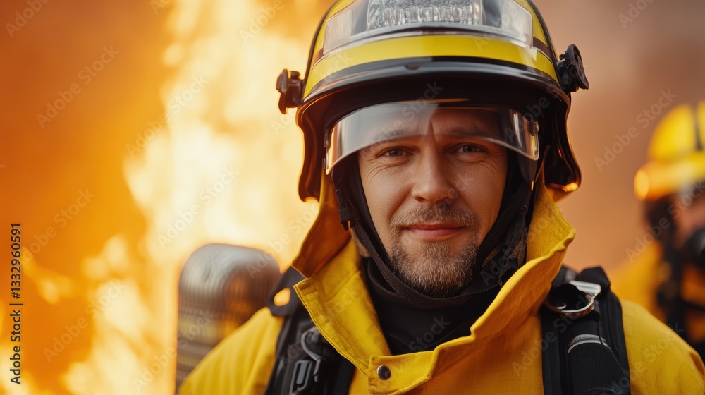 Fototapeta premium Caucasian male firefighter in action with flames in background