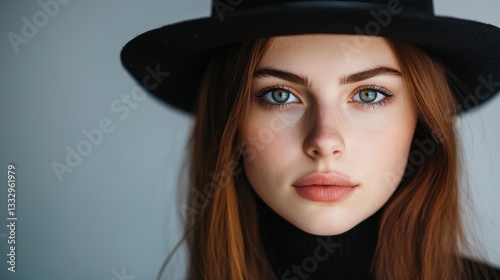 Portrait of young caucasian female with long hair and black hat