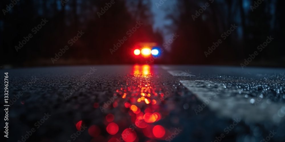The image showcases a dimly lit road with police lights reflecting off the wet surface, creating a mysterious atmosphere after a possible incident on the roadway.