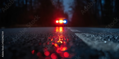Obraz na płótnie The image showcases a dimly lit road with police lights reflecting off the wet surface, creating a mysterious atmosphere after a possible incident on the roadway. w salonie