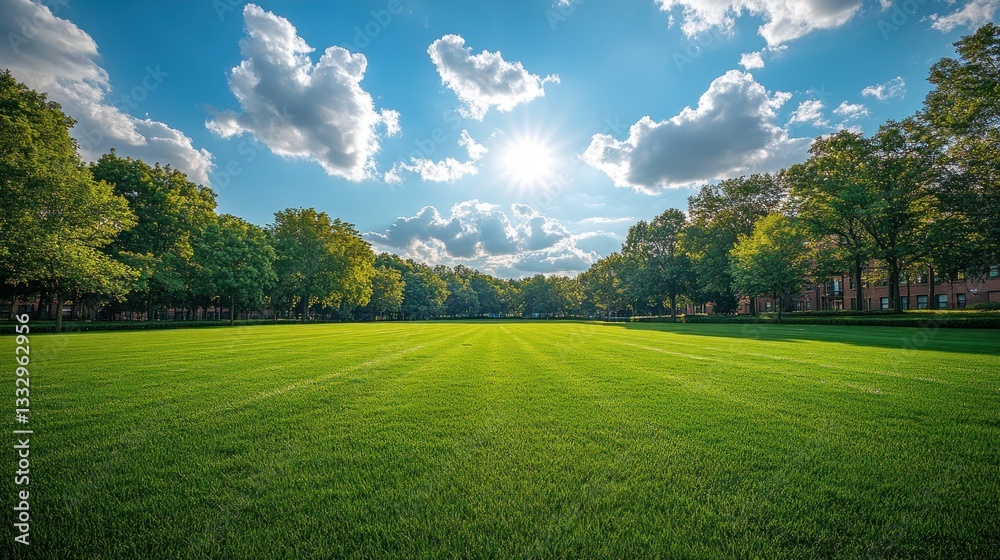 Obraz premium Sunny park landscape with green lawn and trees. Ideal for nature, campus, or vacation promotional use