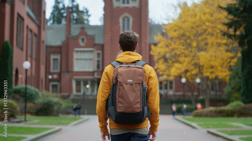 Obraz premium Male teen with backpack stands on university campus in autumn