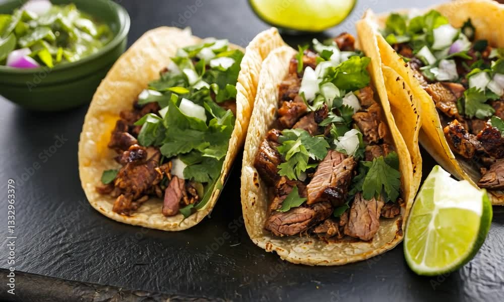Delicious tacos filled with grilled meat, topped with fresh herbs and onions, served with lime