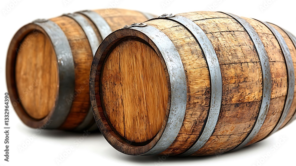 Two old wooden barrels with metal bands displayed horizontally together Two old wooden barrels with metal bands displayed horizontally together