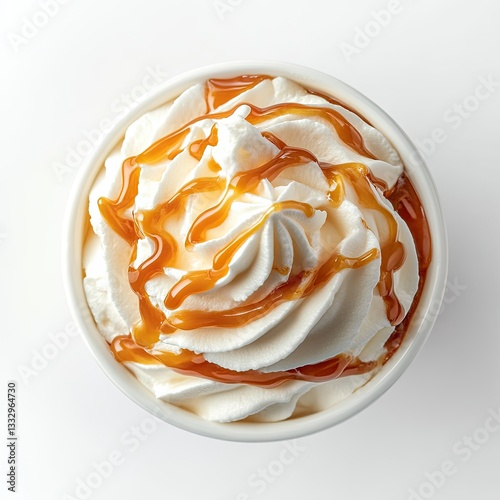 Caramel whipped cream in paper cup, top view, white background