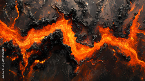 Volcanic fury, erupting lava threads and molten ground texture close-up. Subterranean Threads. Illustration