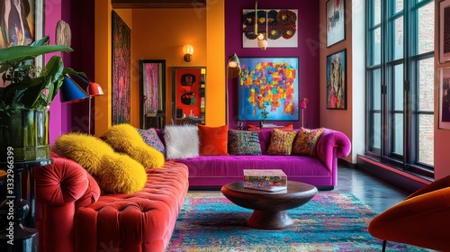 A trendy apartment with vibrant pops of color, unique decor pieces, and funky lighting
