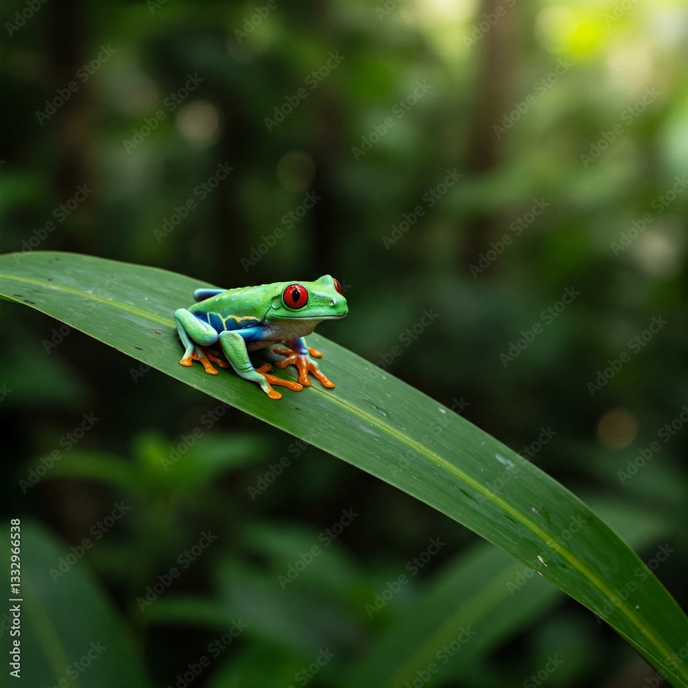 Naklejka premium A bright red-eyed tree frog clinging to a leaf in a rainforest