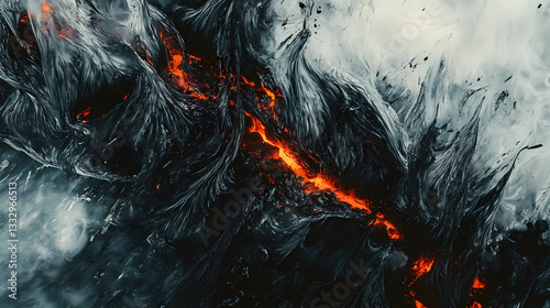 Volcanic fury, erupting lava threads and molten ground texture close-up. Subterranean Threads. Illustration
