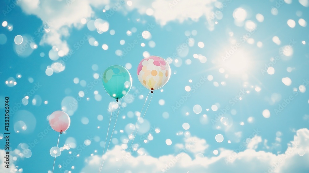 Fototapeta premium Three colorful balloons float in a bright, sunny sky with bokeh effects.