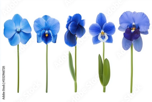 A collection of five beautiful blue orchid flowers on white background.