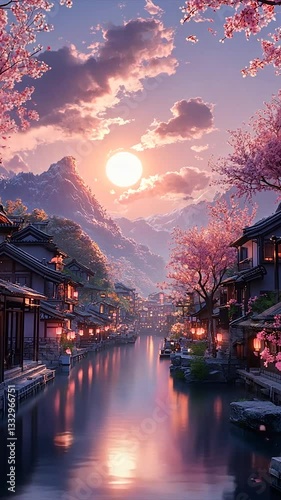 Serene sunset over tranquil river lined with cherry blossoms and quaint houses