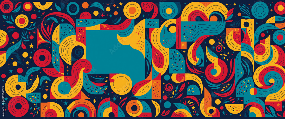 Fototapeta premium dynamic abstract geometric design with swirling patterns in red blue and yellow on dark background for a bold art piece
