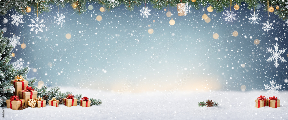 Fototapeta premium winter gift boxes with lights and snowflakes in festive setting